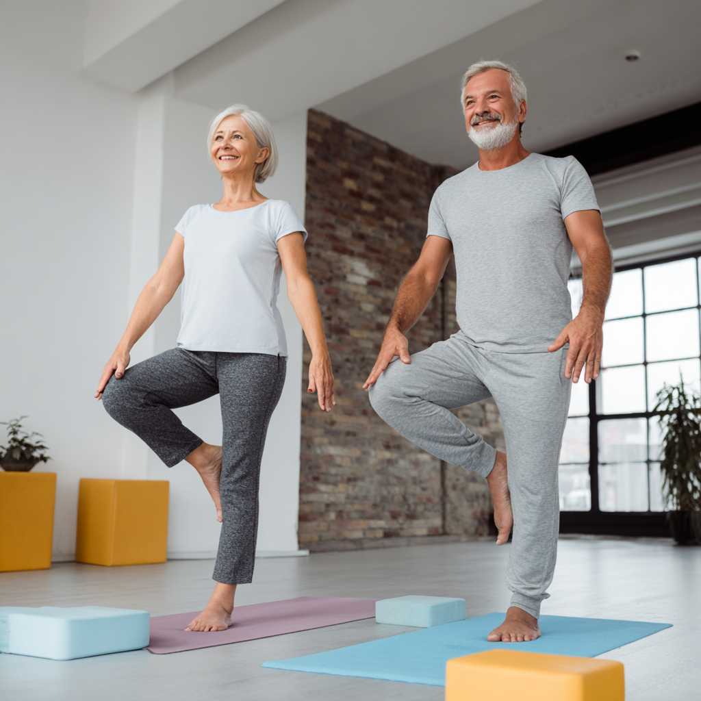 Older adults maintaining active lifestyle with gentle movement and stability exercises