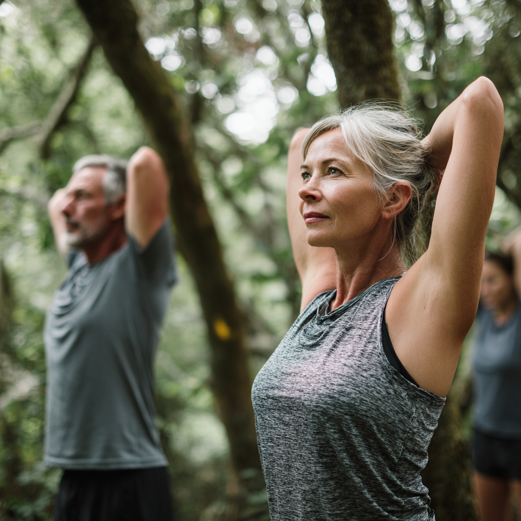 Middle-aged adults practicing gentle mobility exercises in natural environment