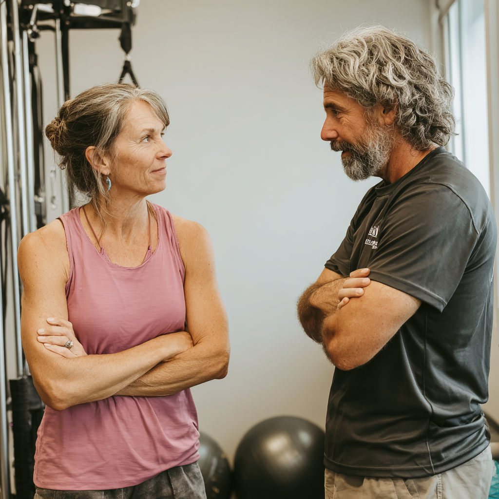 Middle-aged person consulting with movement specialist about mobility and stability